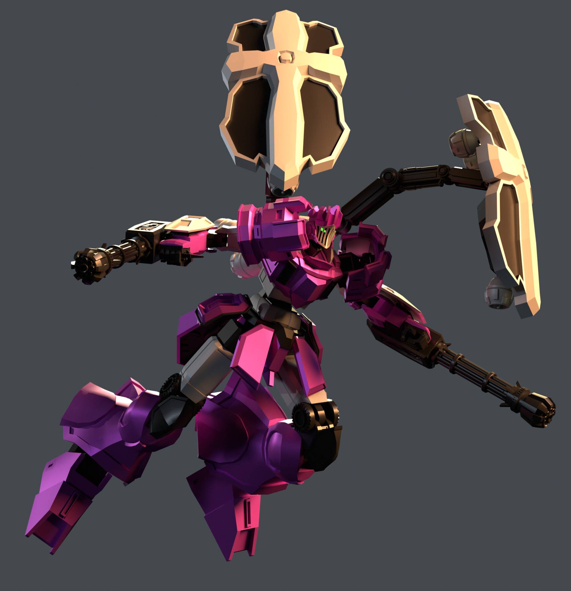 Un robot de combate de color púrpura con un escudo en una mano y una postura dinámica.