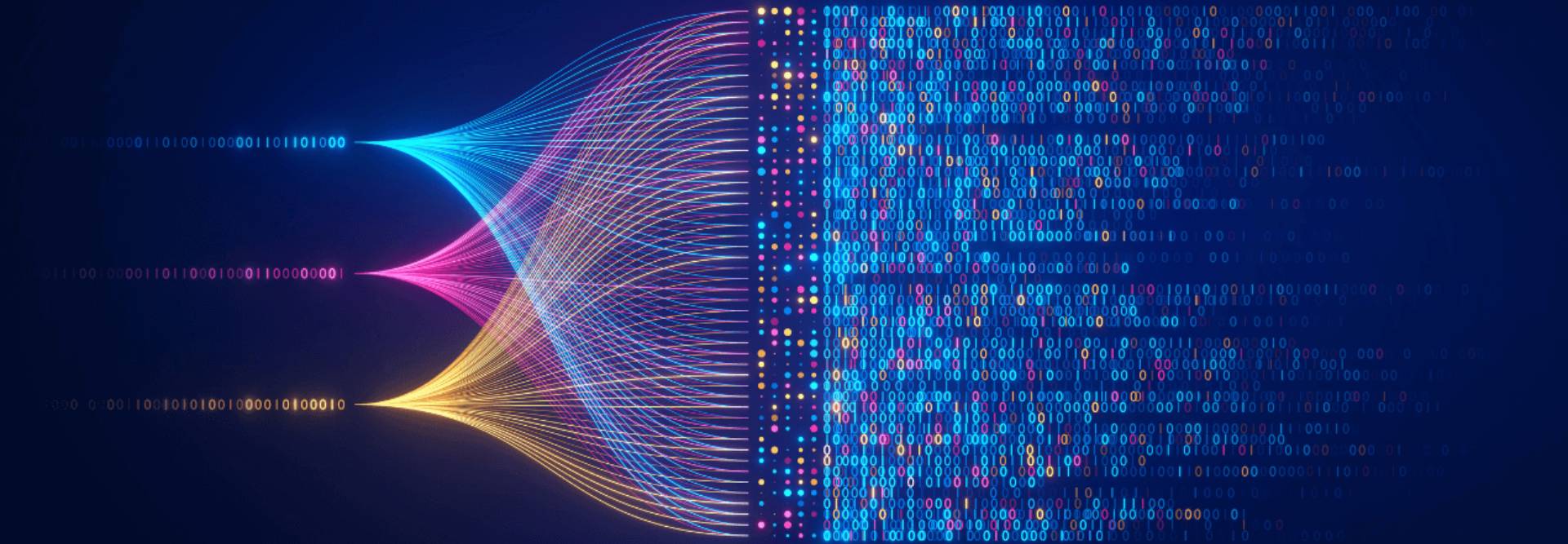 La imagen muestra un flujo de datos representado por líneas de diferentes colores que se fusionan en una serie de puntos brillantes.