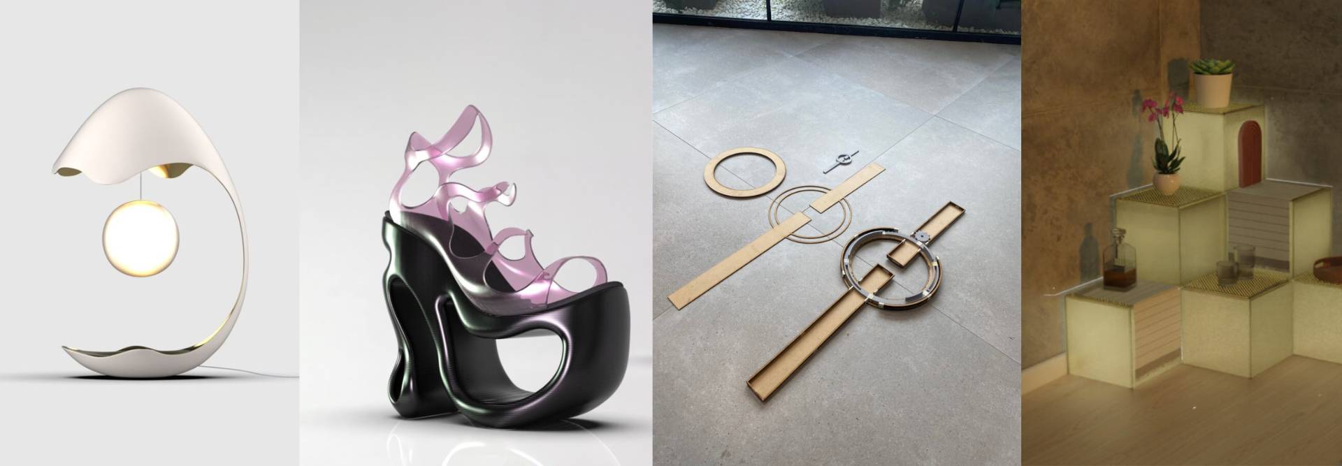 La imagen muestra una colección de objetos de diseño contemporáneo, incluyendo una lámpara, zapatos y elementos decorativos.