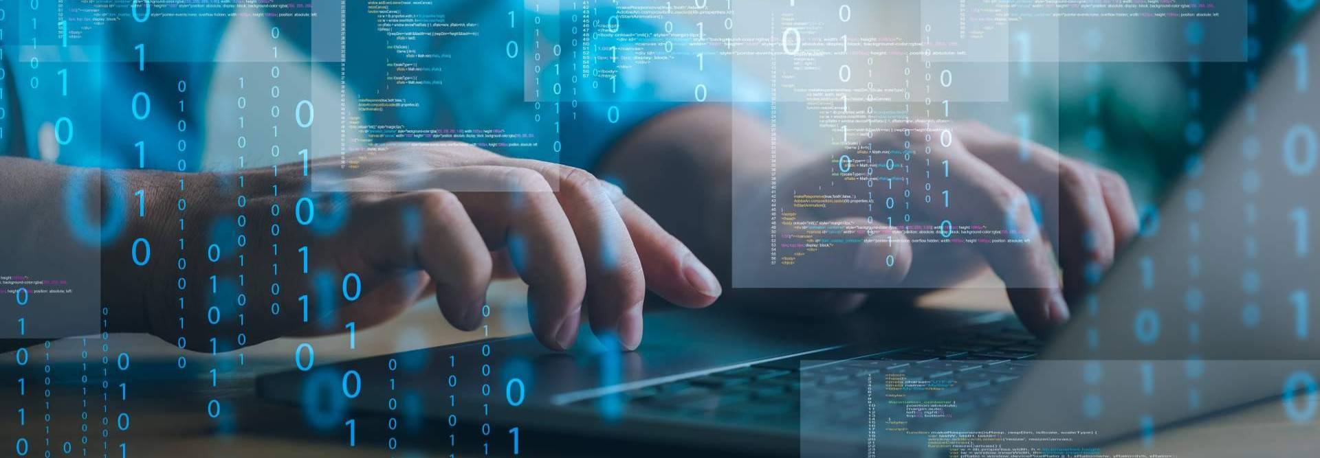 Una persona está escribiendo en un teclado mientras se visualizan números y códigos en un fondo digital.
