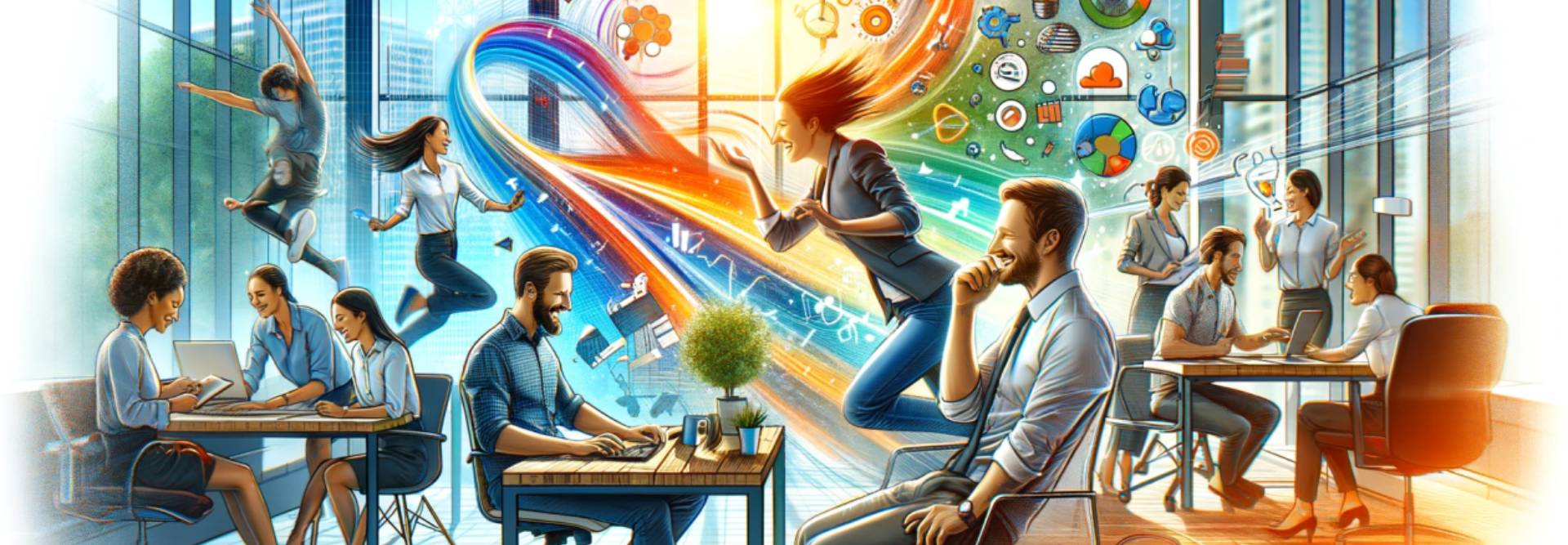 Una ilustración que muestra un entorno de trabajo colaborativo y creativo con personas utilizando tecnología y compartiendo ideas.