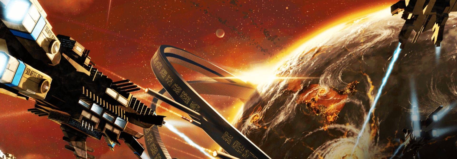 Una escena espacial que muestra naves y un planeta en un entorno colorido y cósmico.