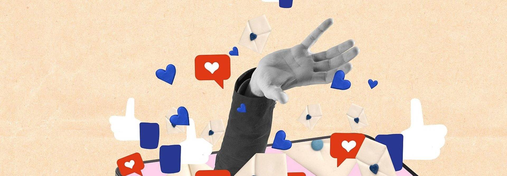 Una mano levantada rodeada de iconos de redes sociales que representan reacciones y me gusta.