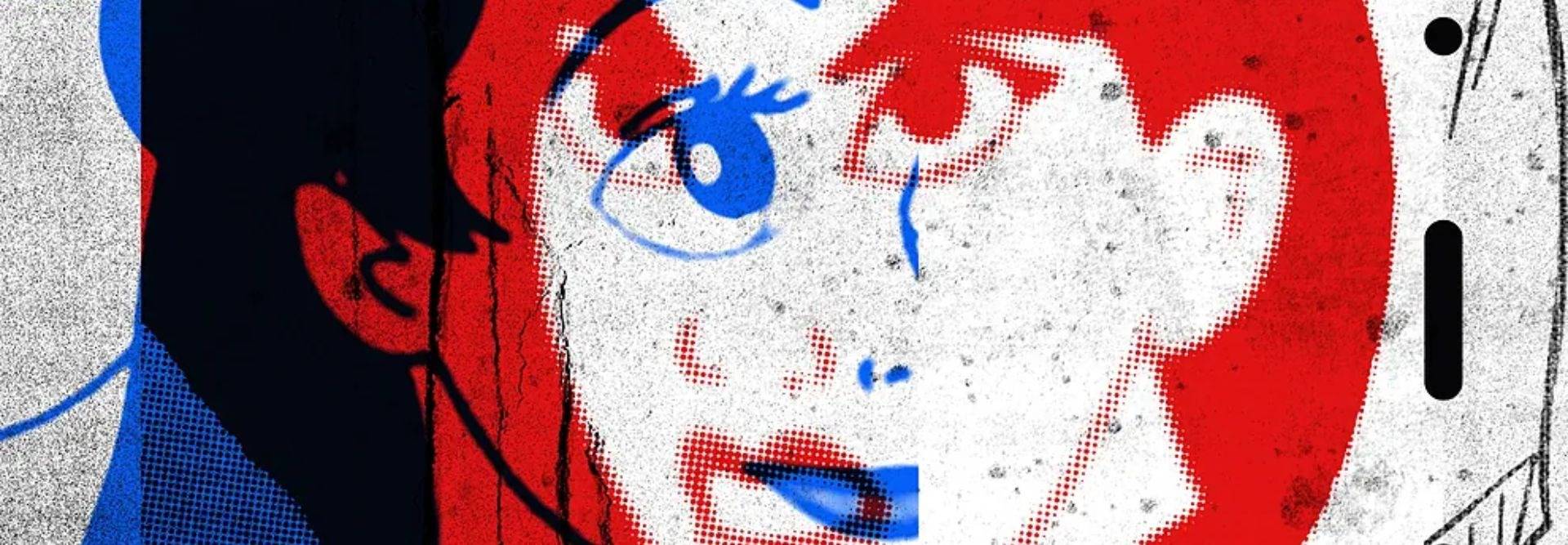 Imagen que muestra un retrato estilizado con colores rojo y azul, destacando una expresión facial intensa.