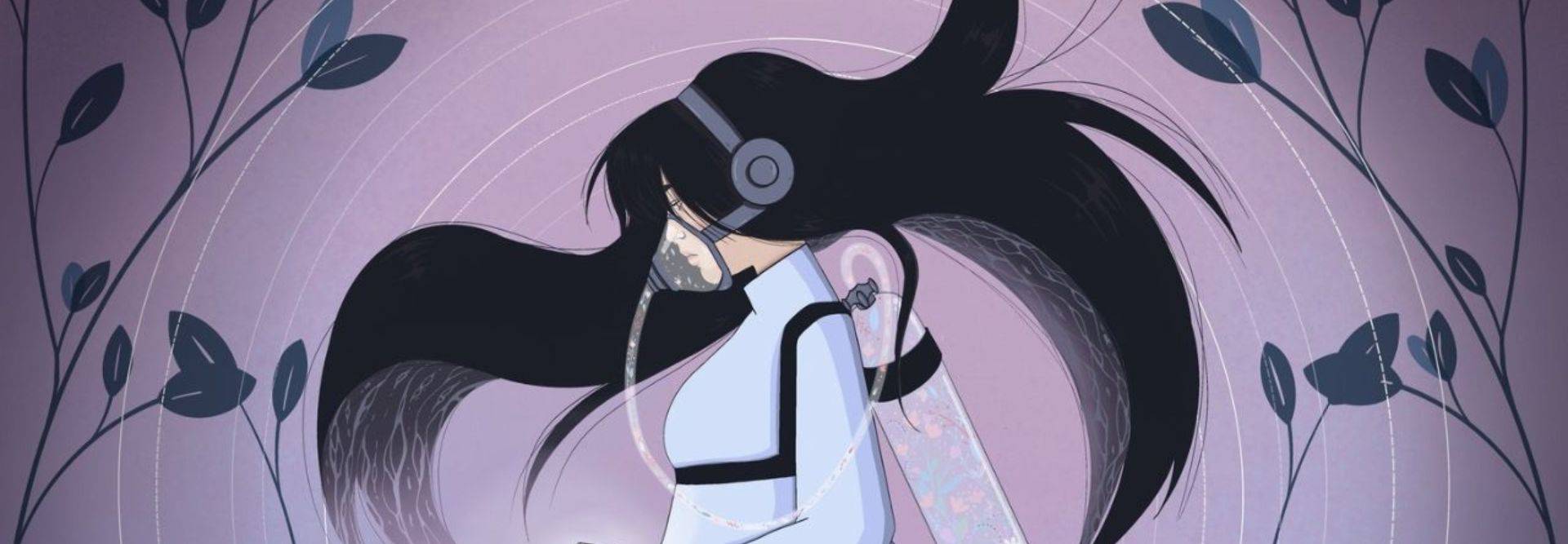 Una mujer con auriculares y cabello largo se encuentra en un fondo decorado con hojas y ondas sonoras.
