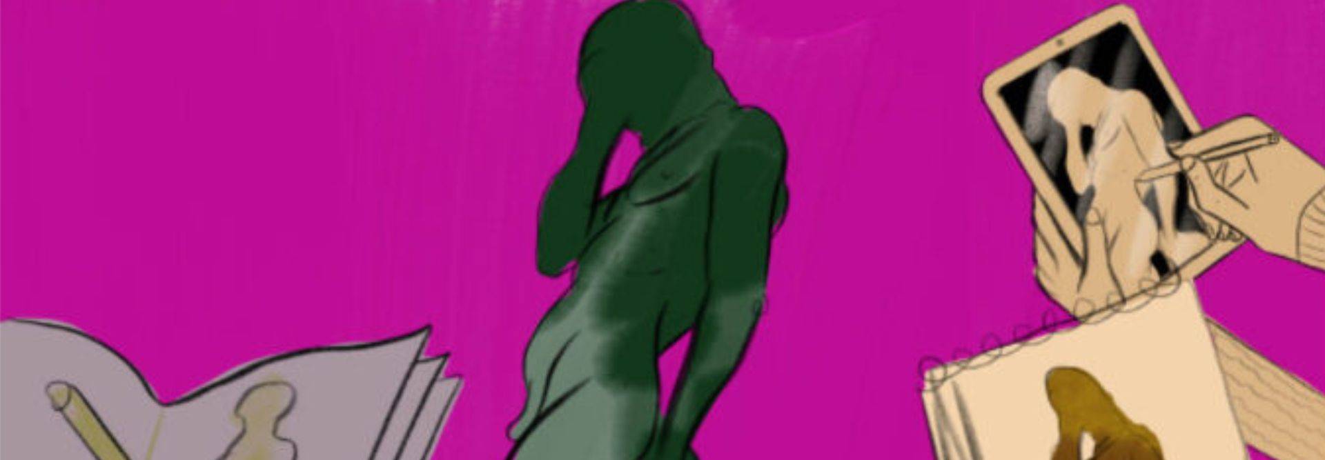 La imagen muestra una figura humana estilizada sobre un fondo rosa, mientras se realizan bocetos y dibujos de la misma.