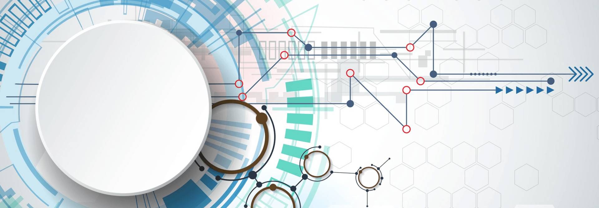 La imagen muestra un diseño abstracto con círculos y líneas en tonos azules y verdes sobre un fondo claro.