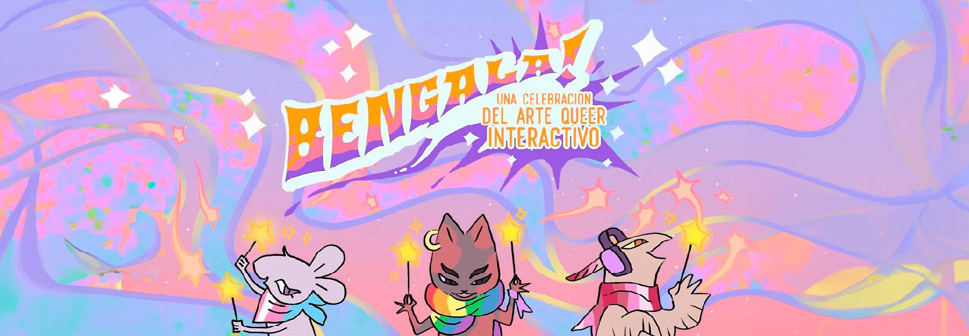 Una ilustración vibrante que representa una celebración del arte queer con personajes cómicos y coloridos.