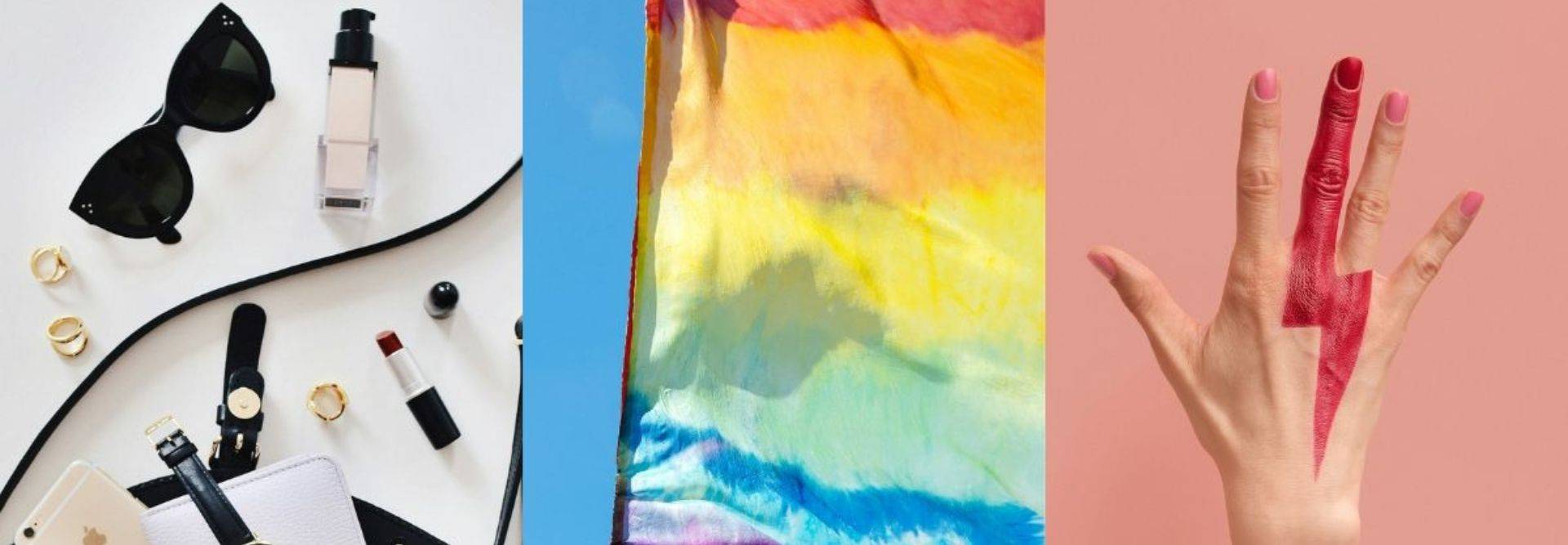 Una composición de imágenes que incluye accesorios de moda, una tela de colores y una mano con un diseño pintado.