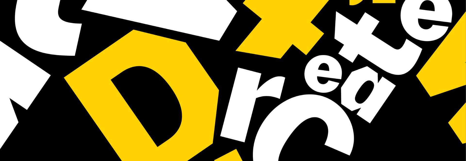 La imagen muestra una serie de letras y formas en colores blanco y amarillo sobre un fondo negro.