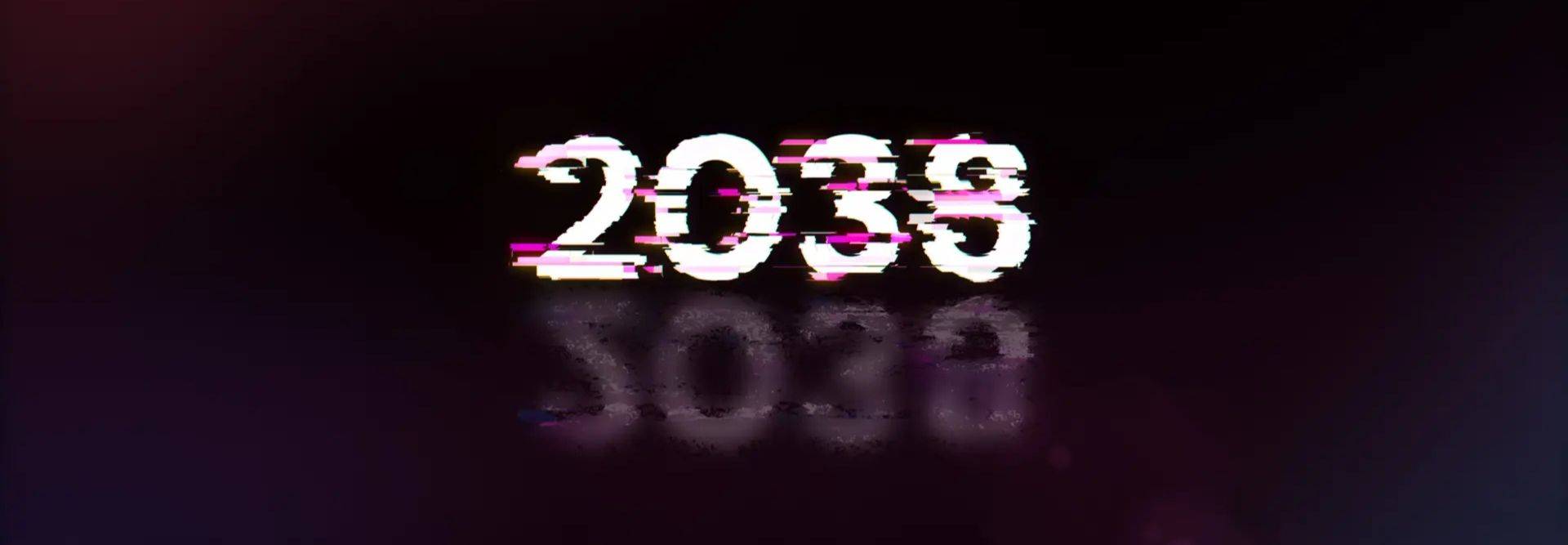 La imagen muestra el año 2038 con un efecto de distorsión digital.