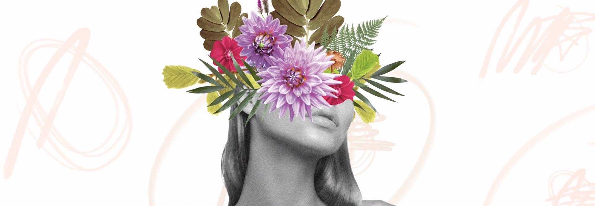 Una figura femenina con la cabeza adornada de flores y hojas coloridas.