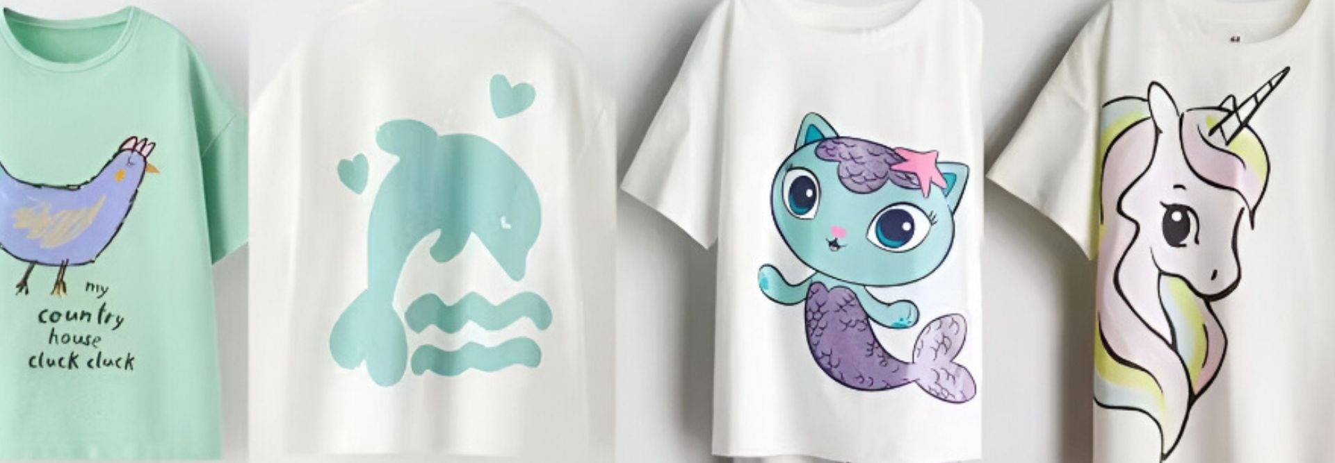 Una colección de camisetas con estampados variados de animales y elementos divertidos.