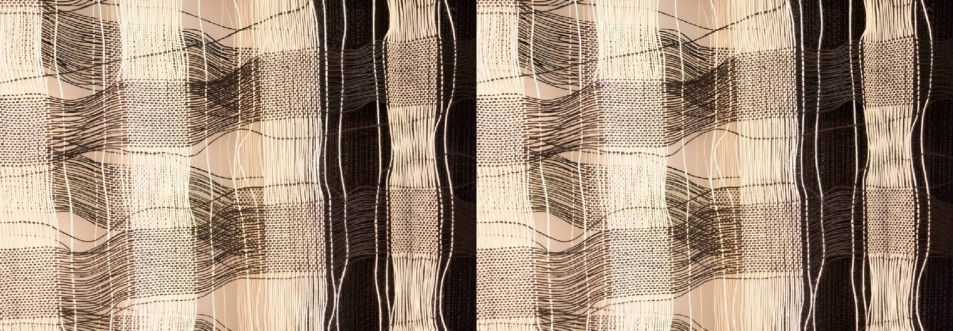 La imagen muestra un patrón textil con líneas entrelazadas en tonos neutros.