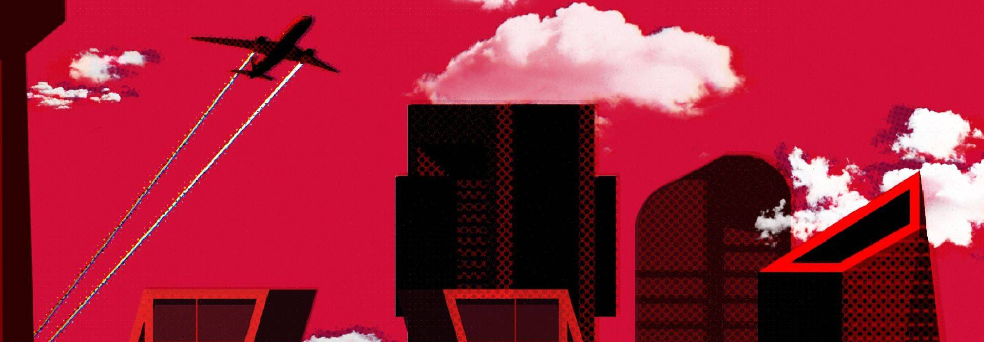 Imagen estilizada de un paisaje urbano con edificios y un avión sobrevolando bajo un cielo rojo.