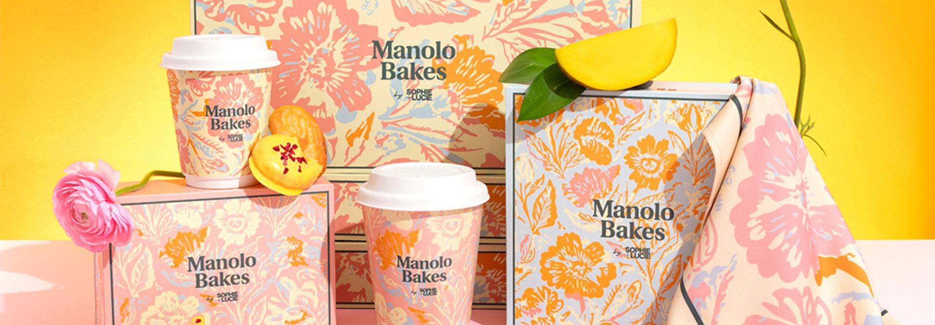 Una presentación colorida de productos de repostería con diseño floral y elementos decorativos.