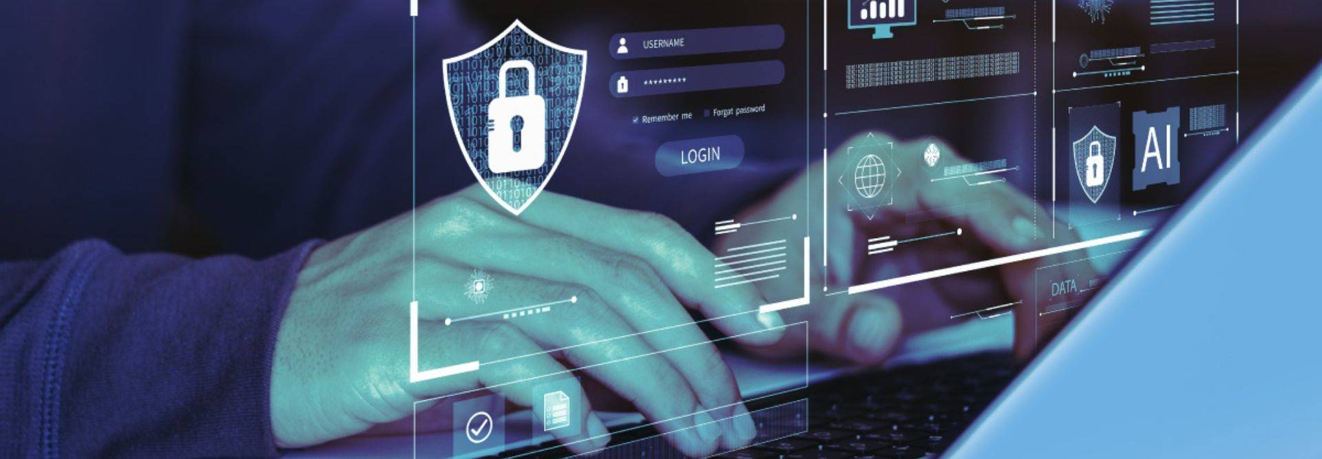Una persona interactúa con una interfaz digital que muestra símbolos de seguridad cibernética.