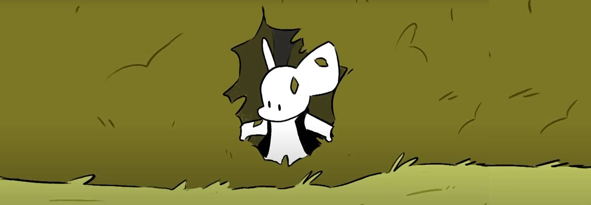 Un personaje blanco y pequeño emerge de un agujero en una hierba amarilla.