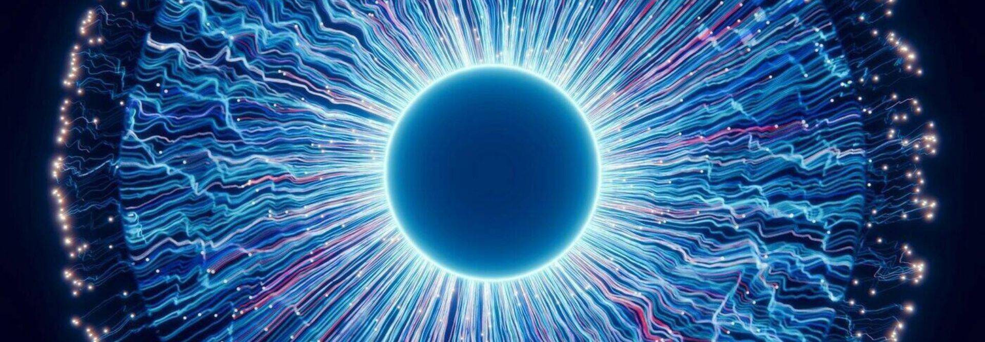 Una representación visual de un fenómeno energético con luces y patrones en tonos azules y morados rodeando una esfera oscura.