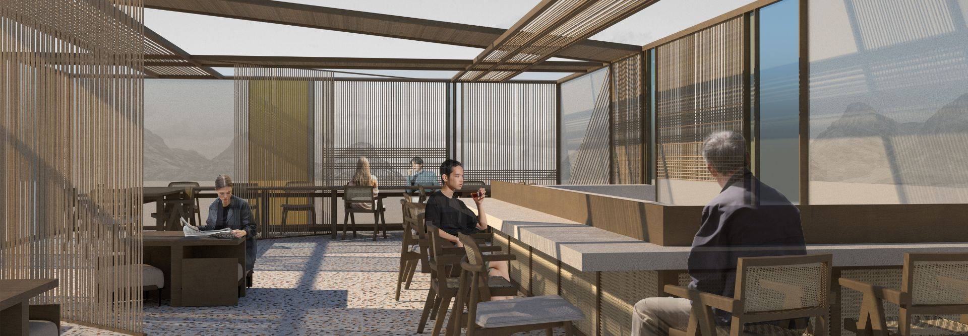 Una moderna terraza con diseño minimalista y personas interactuando en un ambiente agradable.