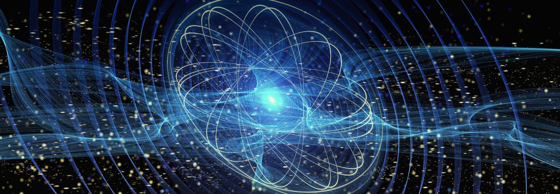 Una representación artística que ilustra un átomo rodeado de patrones de energía en un fondo estrellado.