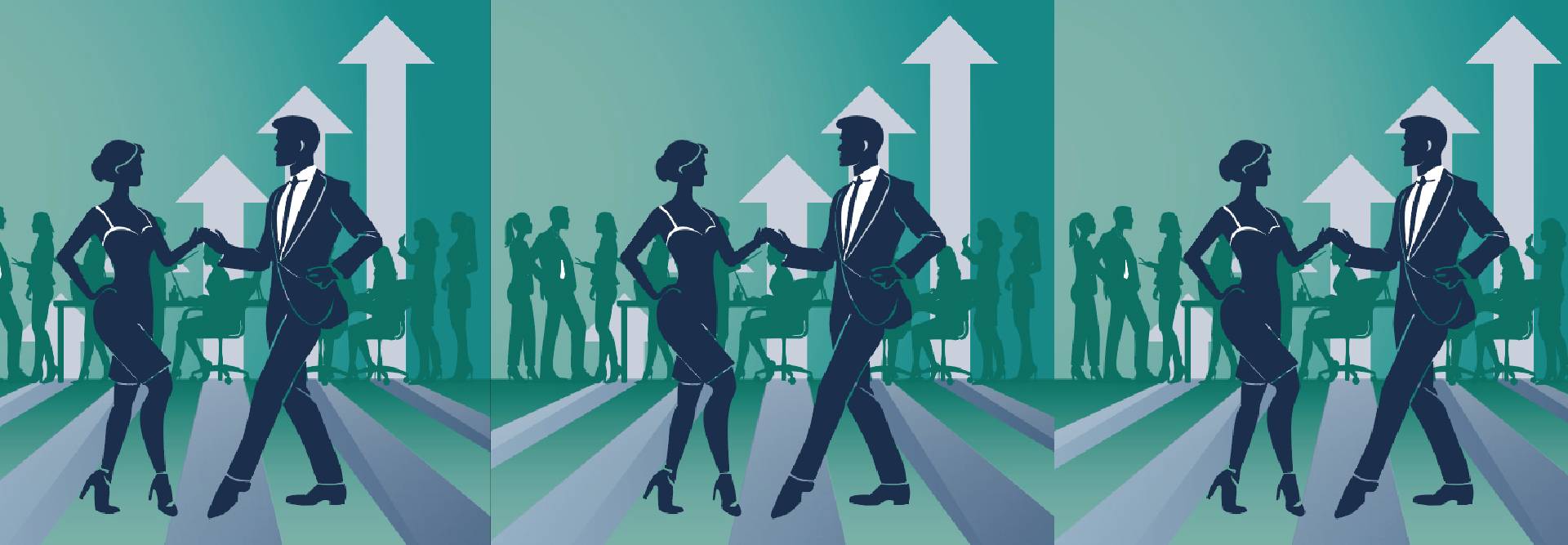 Una ilustración que muestra a una pareja de bailarines en un ambiente corporativo con figuras de fondo y flechas hacia arriba que sugieren crecimiento.