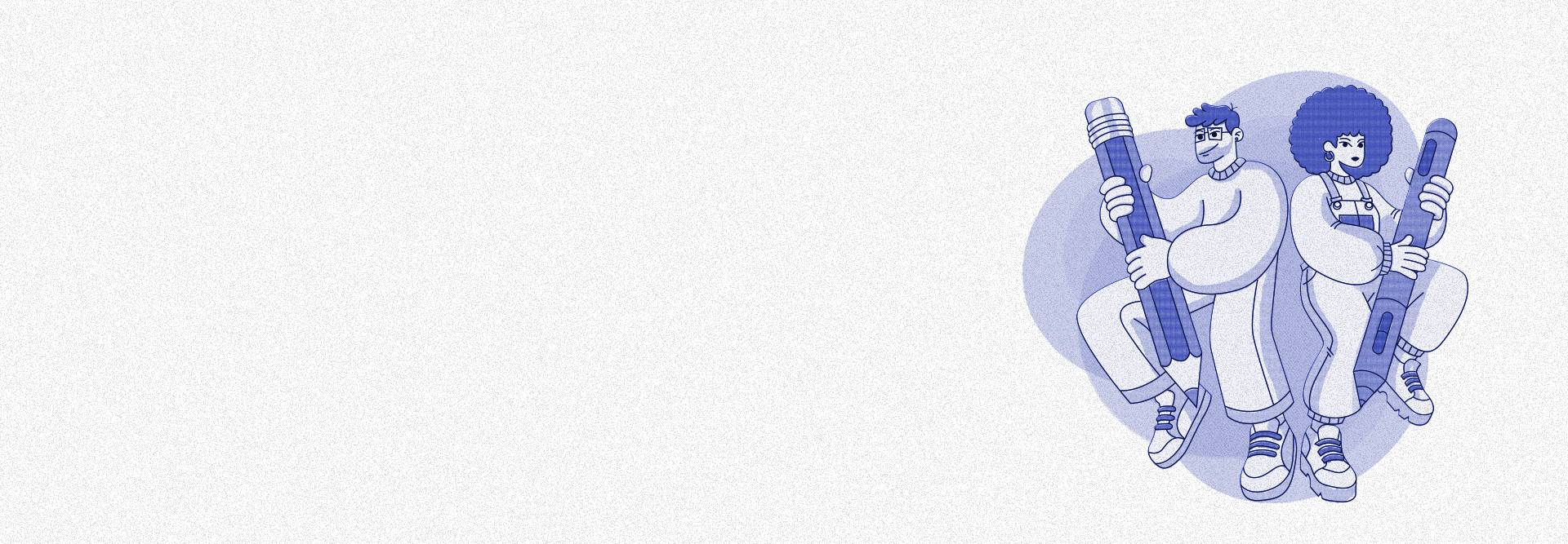 Dos personajes ilustrados sosteniendo objetos alargados en un fondo claro.