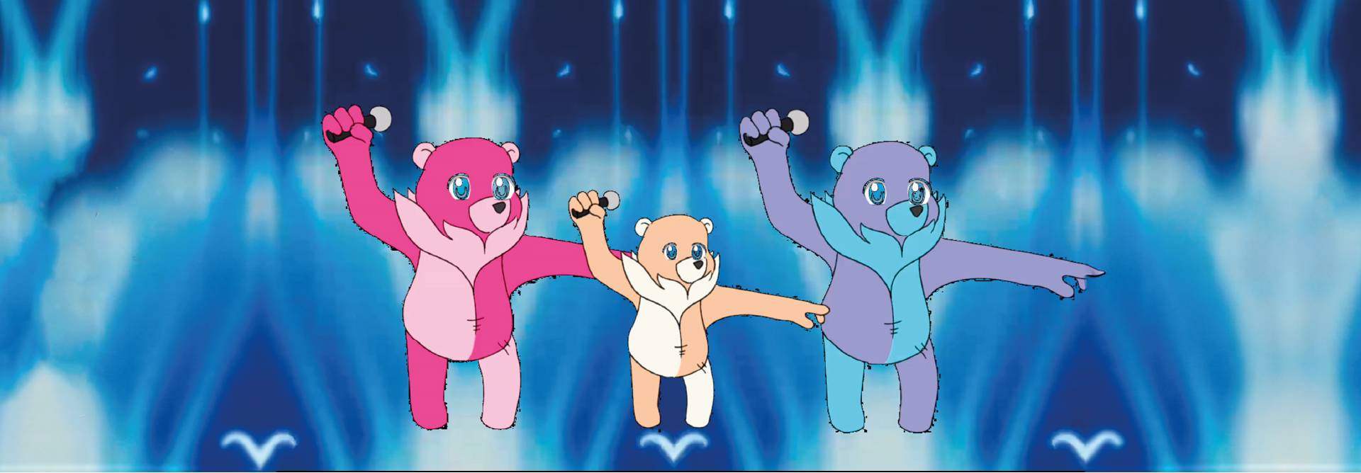 Tres osos de peluche de diferentes colores bailan y se divierten en un entorno alegre.