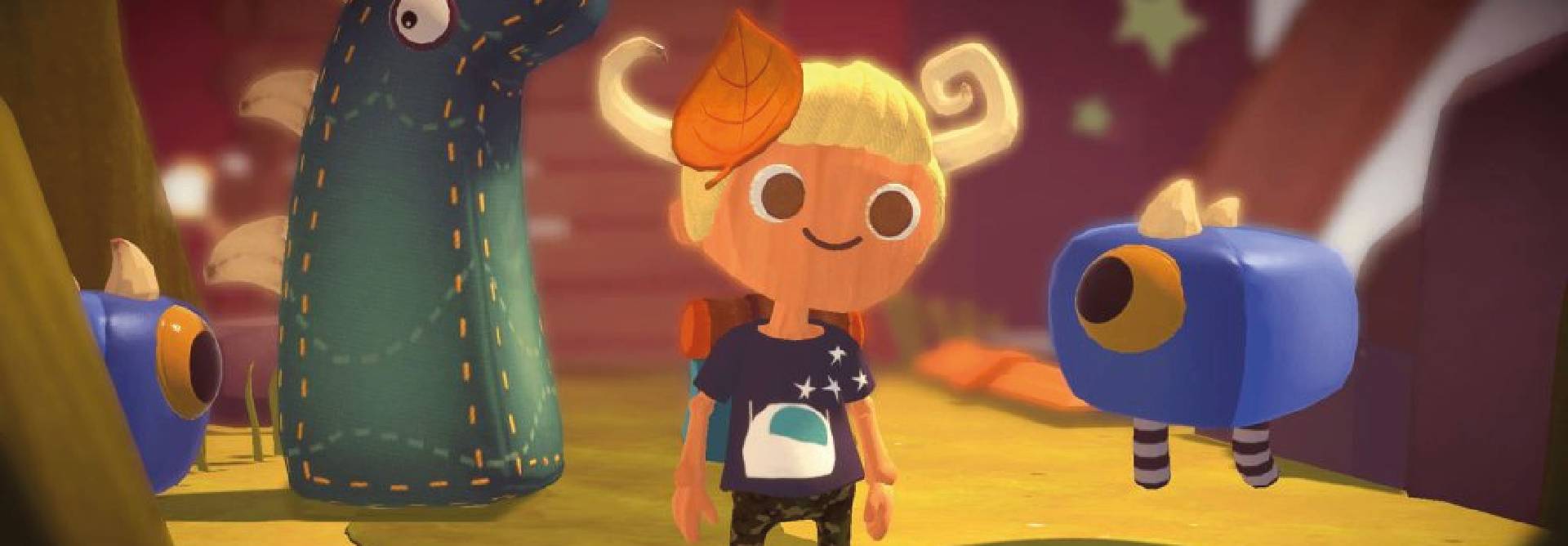 Un niño rubio con un gorro de hoja en un entorno colorido y fantasioso acompañado de criaturas curiosas.