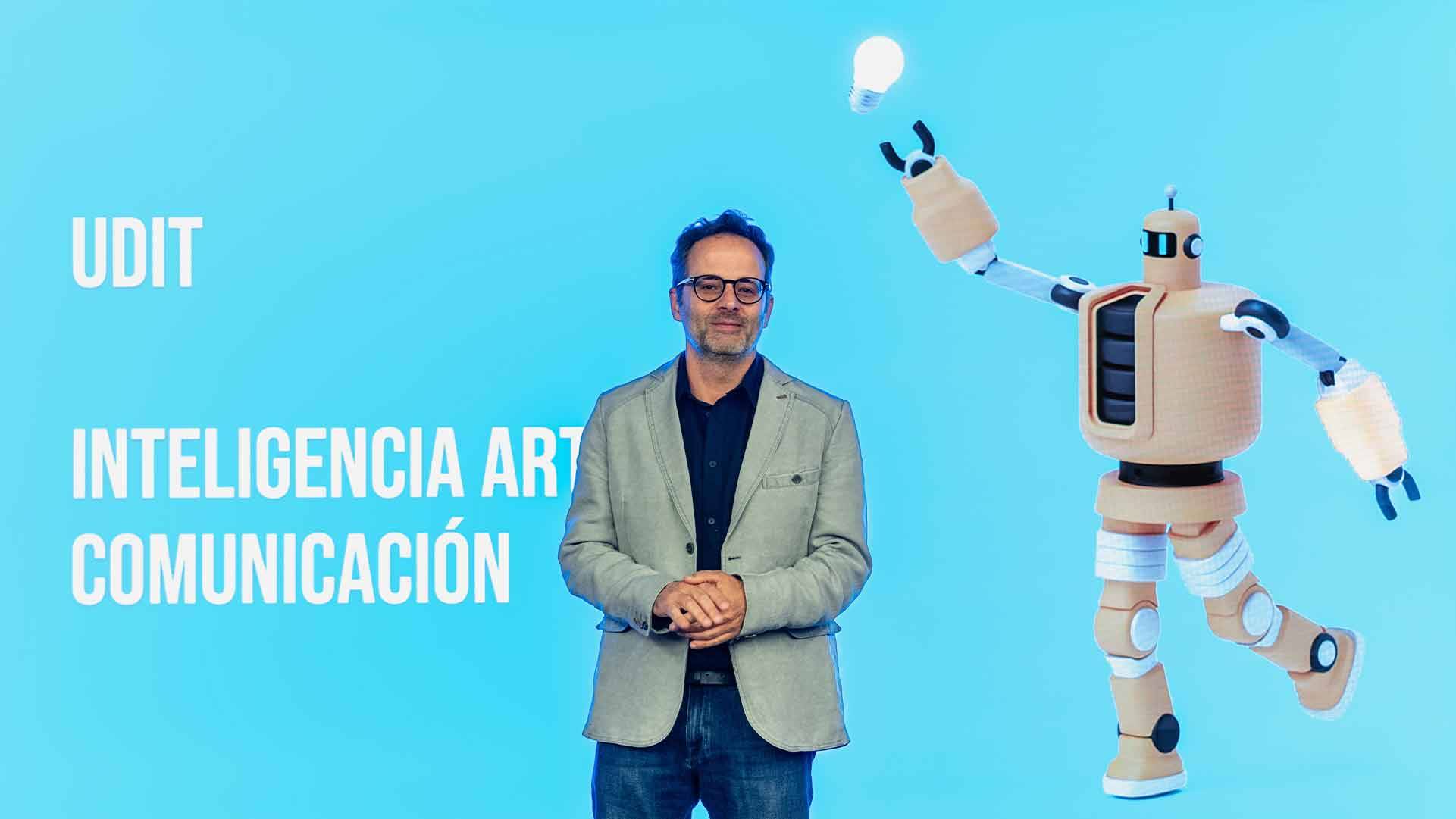 Un hombre presenta un robot mientras se destaca el tema de la inteligencia artificial y la comunicación.