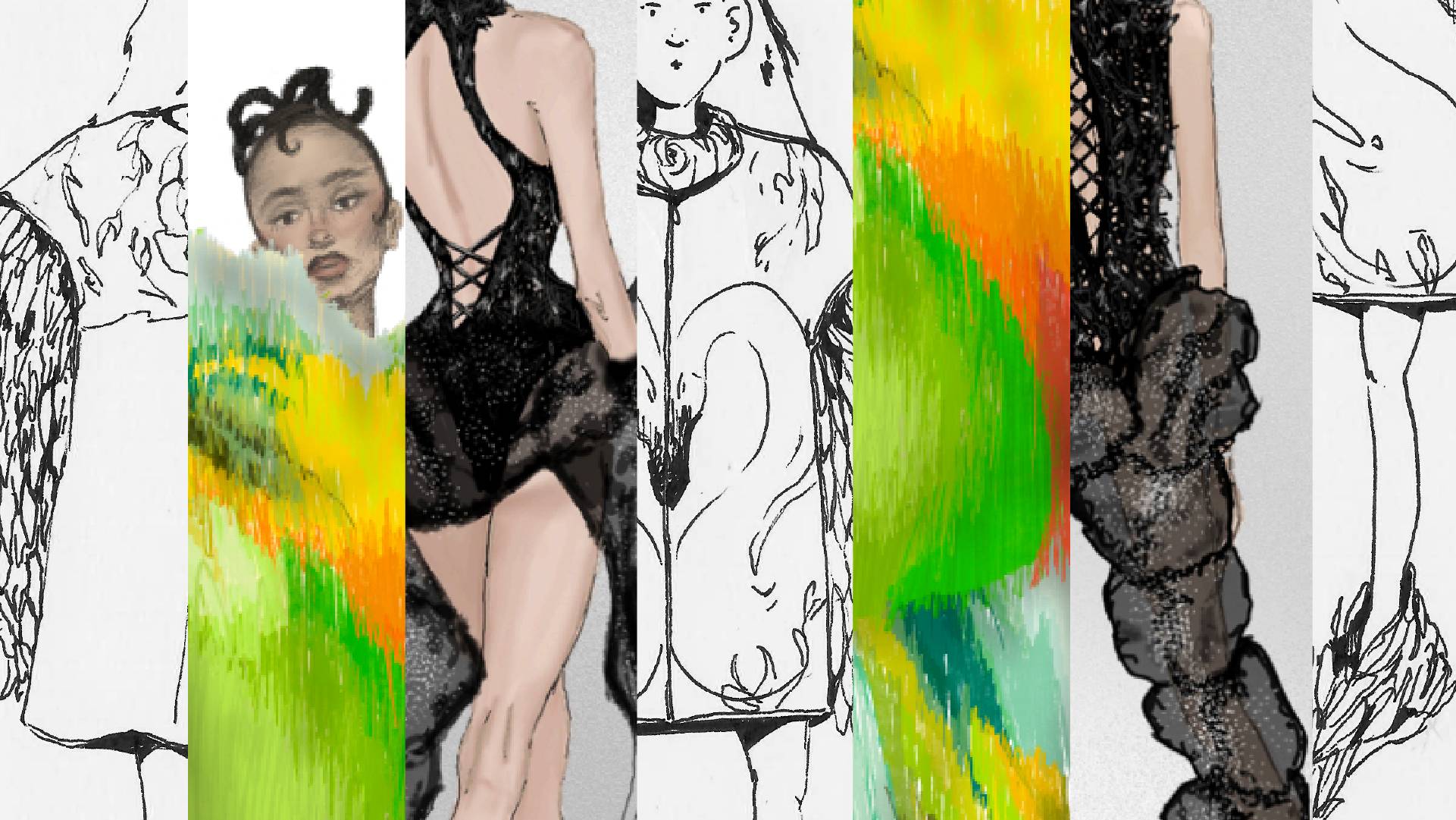 La imagen muestra un collage de ilustraciones de moda con colores vibrantes y diseños variados.