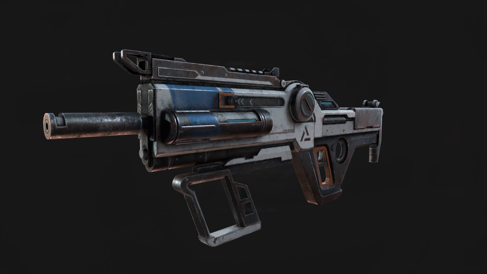 Rifle futurista de diseño estilizado y detalles industriales.