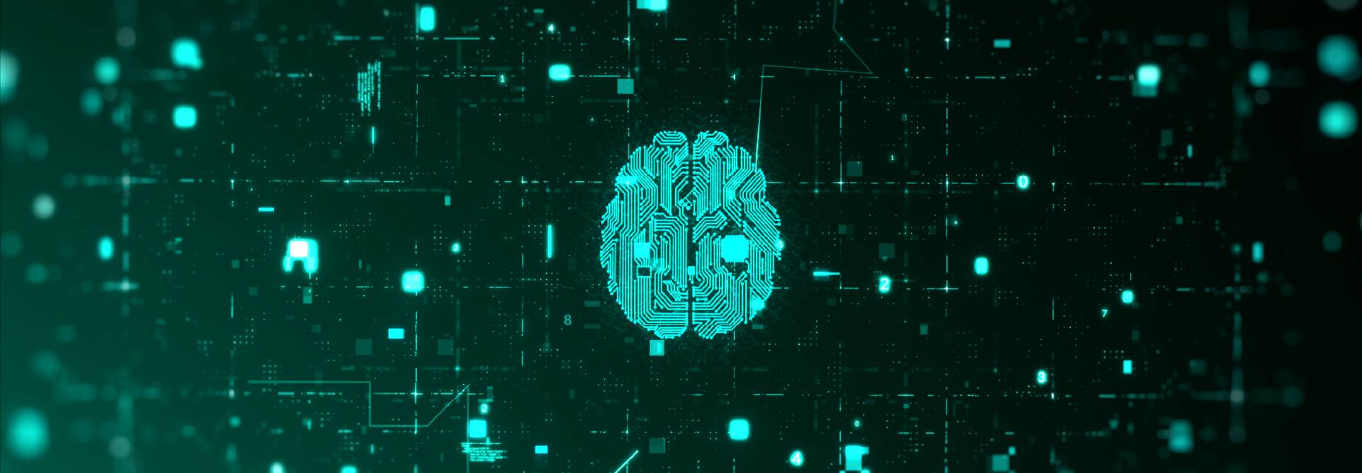 Imagen de un cerebro digital rodeado de un fondo tecnológico.