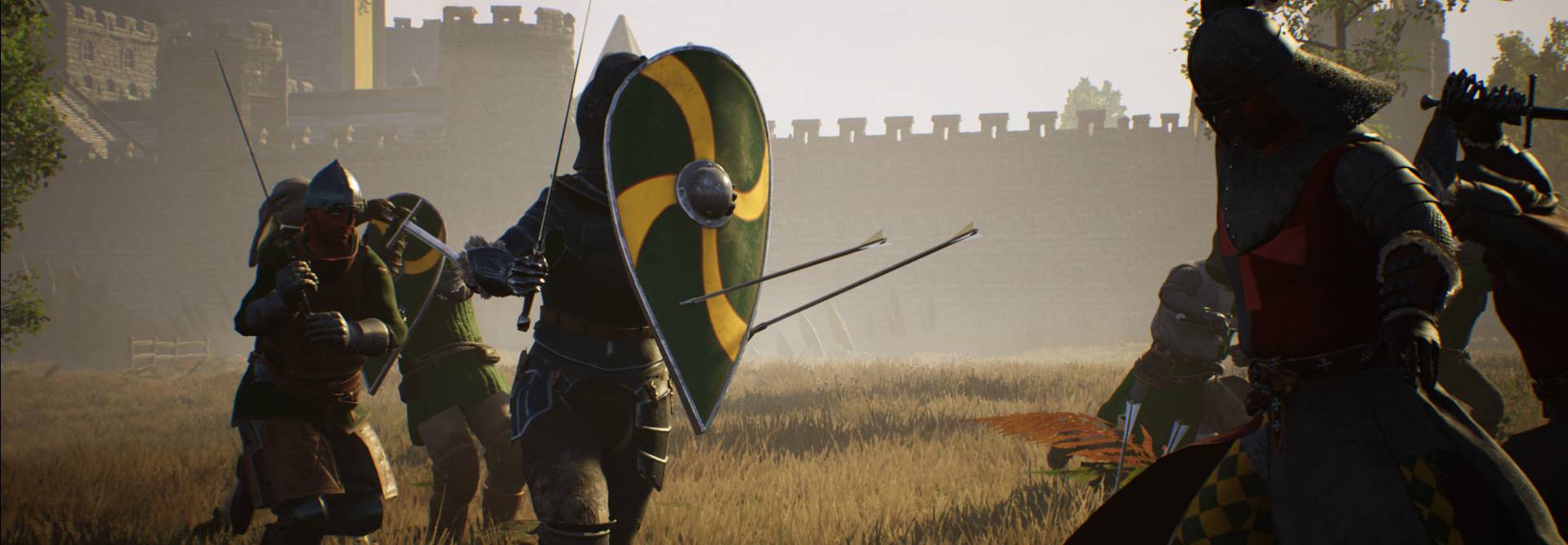 Un grupo de soldados en combate, llevando escudos con diseños coloridos, en un paisaje de campo cerca de un castillo.