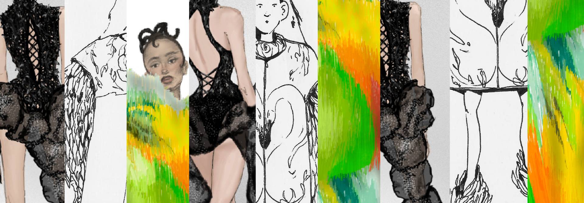 La imagen presenta una serie de ilustraciones artísticas con modelos vistiendo trajes llamativos y colores vibrantes.