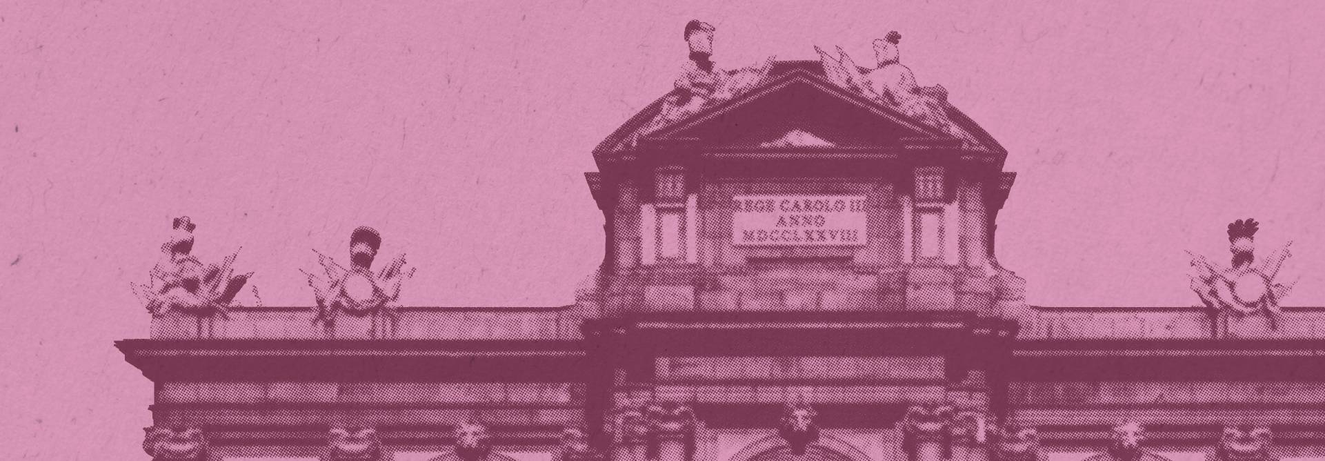 Una imagen de un edificio histórico con una tonalidad rosa y esculturas en su parte superior.