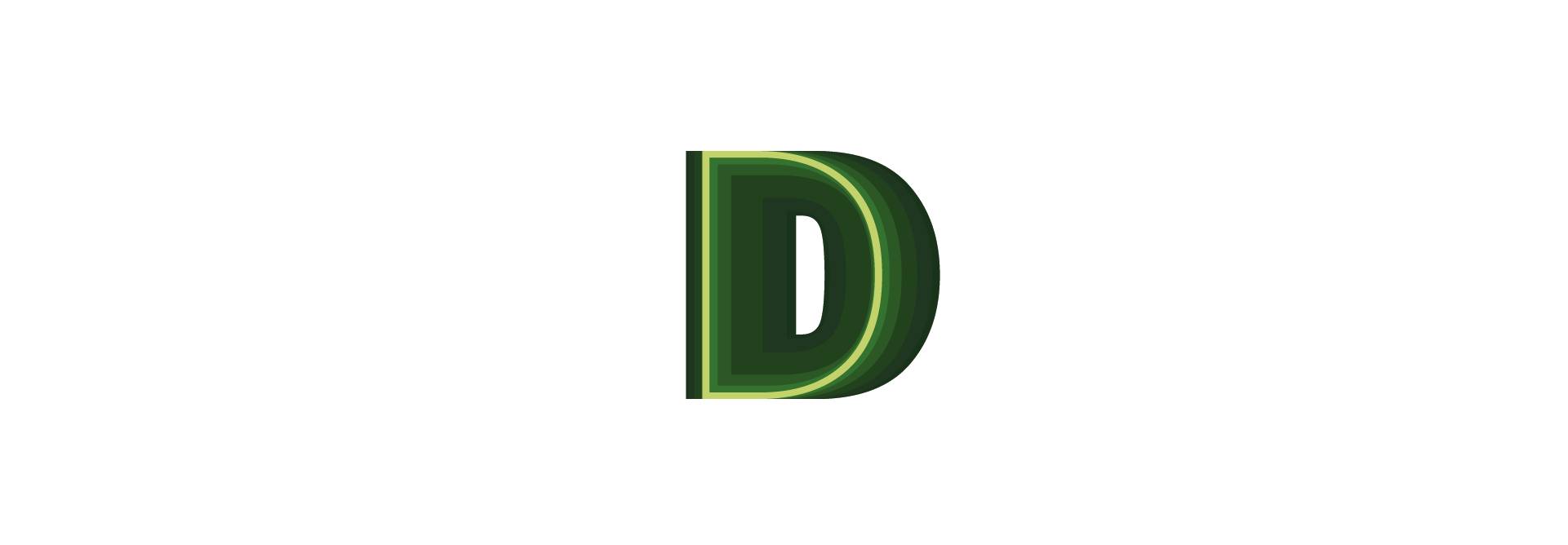 Letra D con un diseño moderno y colores verde.