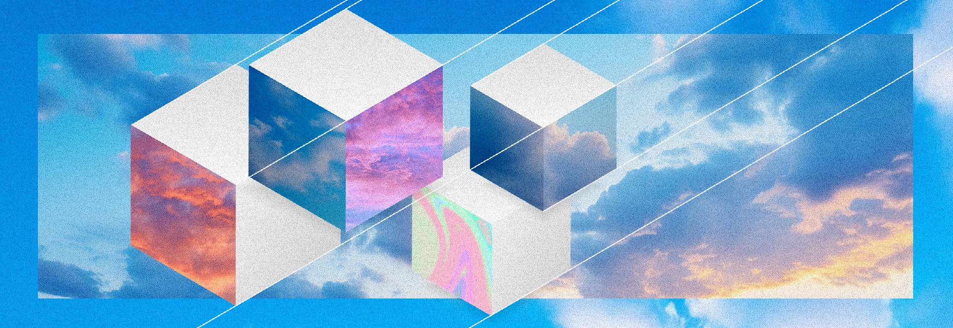 La imagen presenta una composición abstracta de cubos sobre un fondo de cielo con nubes.