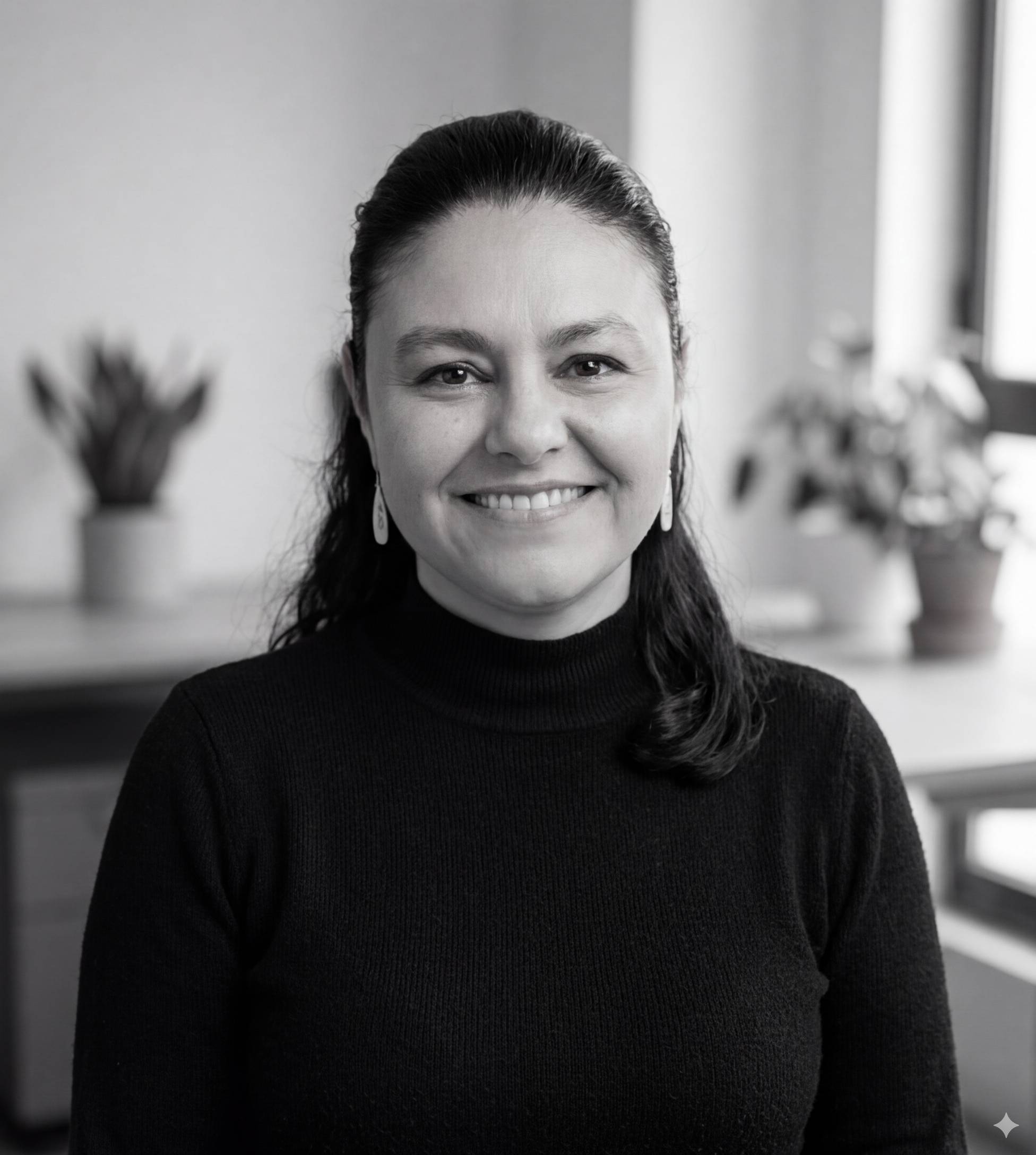 Una mujer sonriente con cabello oscuro, vestida con un suéter negro, posando en un entorno luminoso con plantas de fondo.