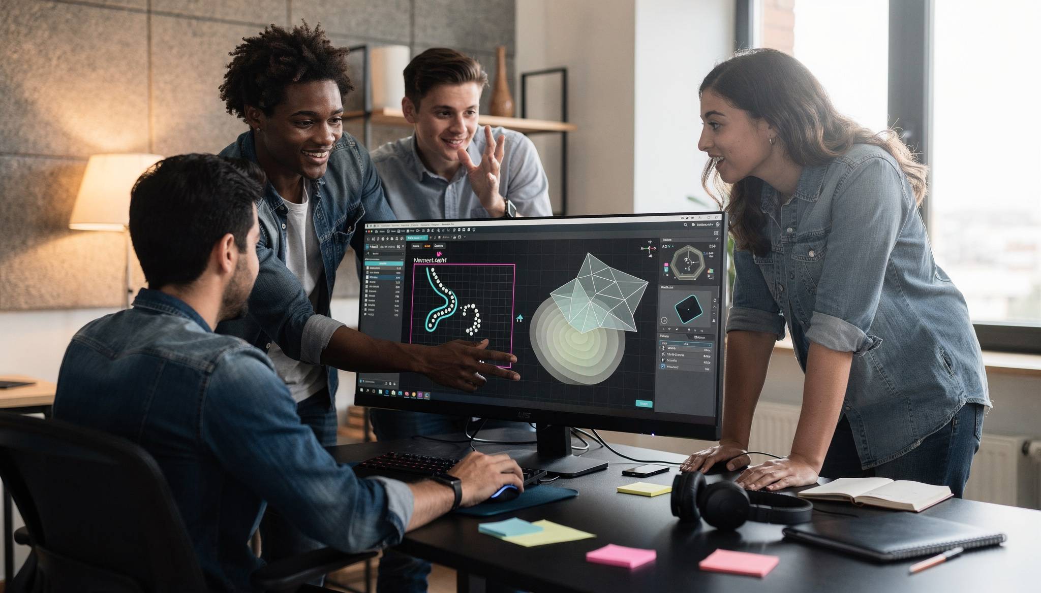 Un grupo de cuatro personas están colaborando en un proyecto de diseño frente a una computadora.