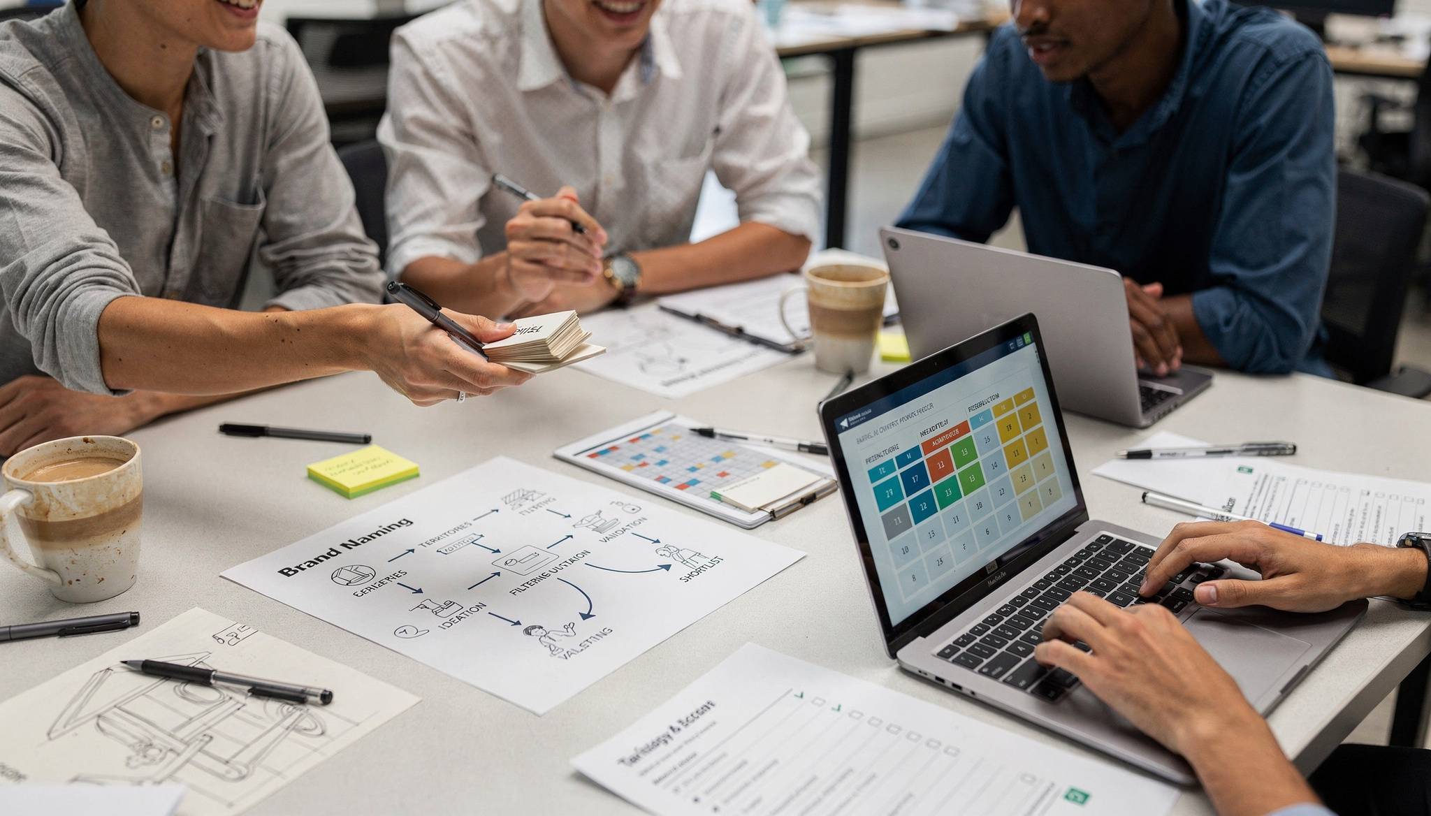 Un grupo de personas colabora en una reunión frente a una mesa con laptops y documentos.