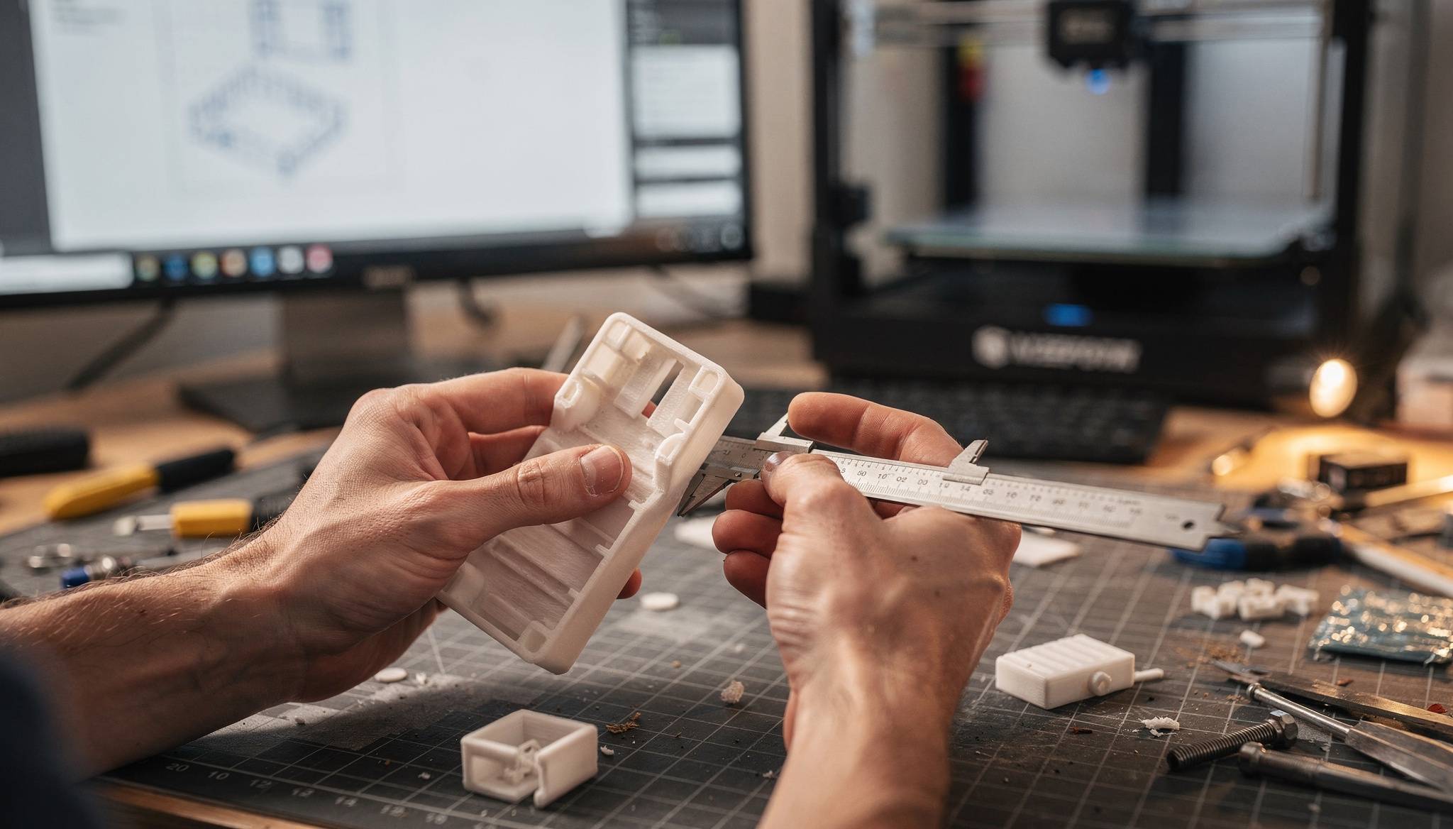 Una persona está utilizando un calibrador para medir una pieza en un taller de impresión 3D.