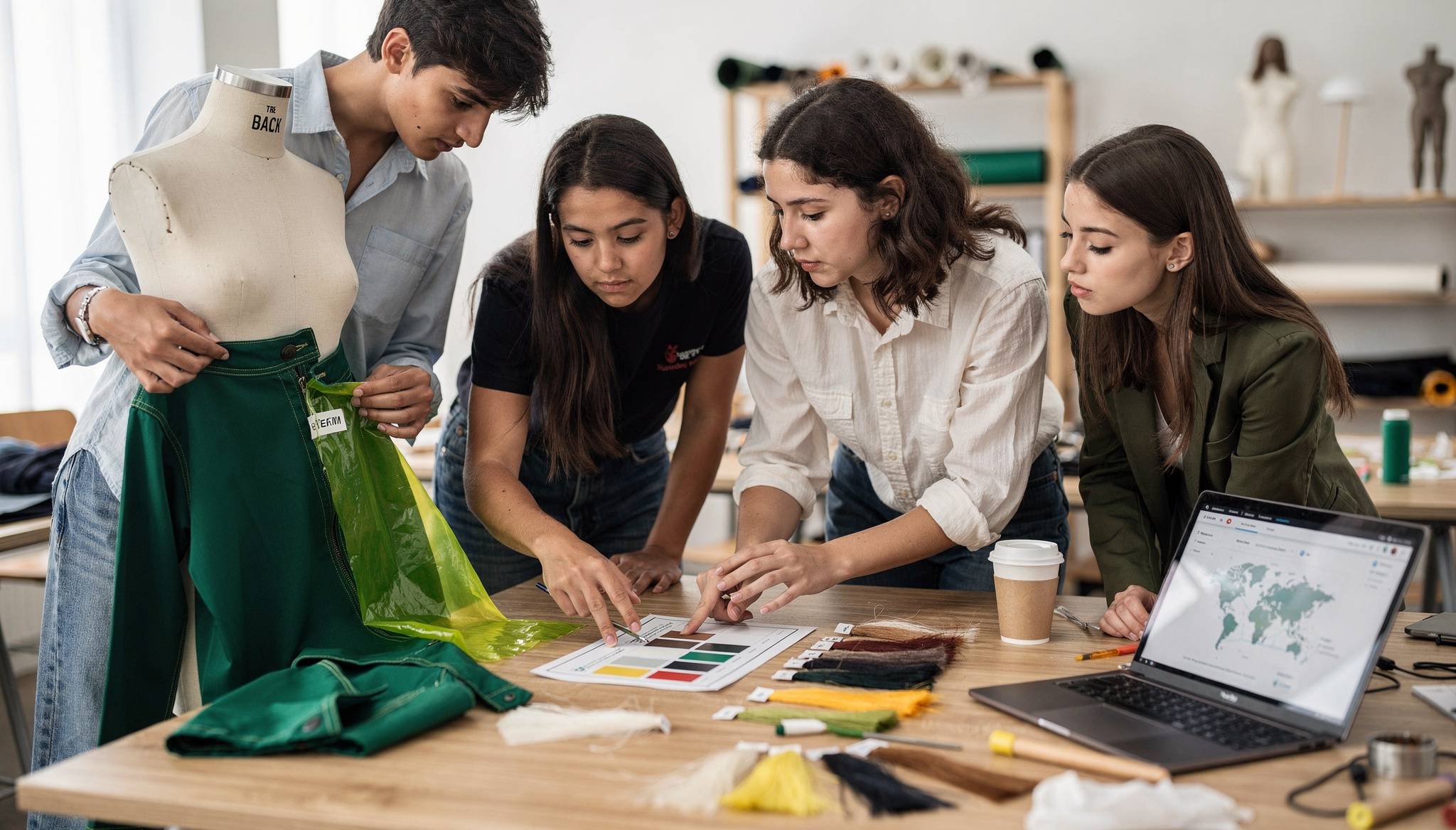 Un grupo de cuatro personas está trabajando en un proyecto de moda, enfocándose en la selección de colores y tejidos.