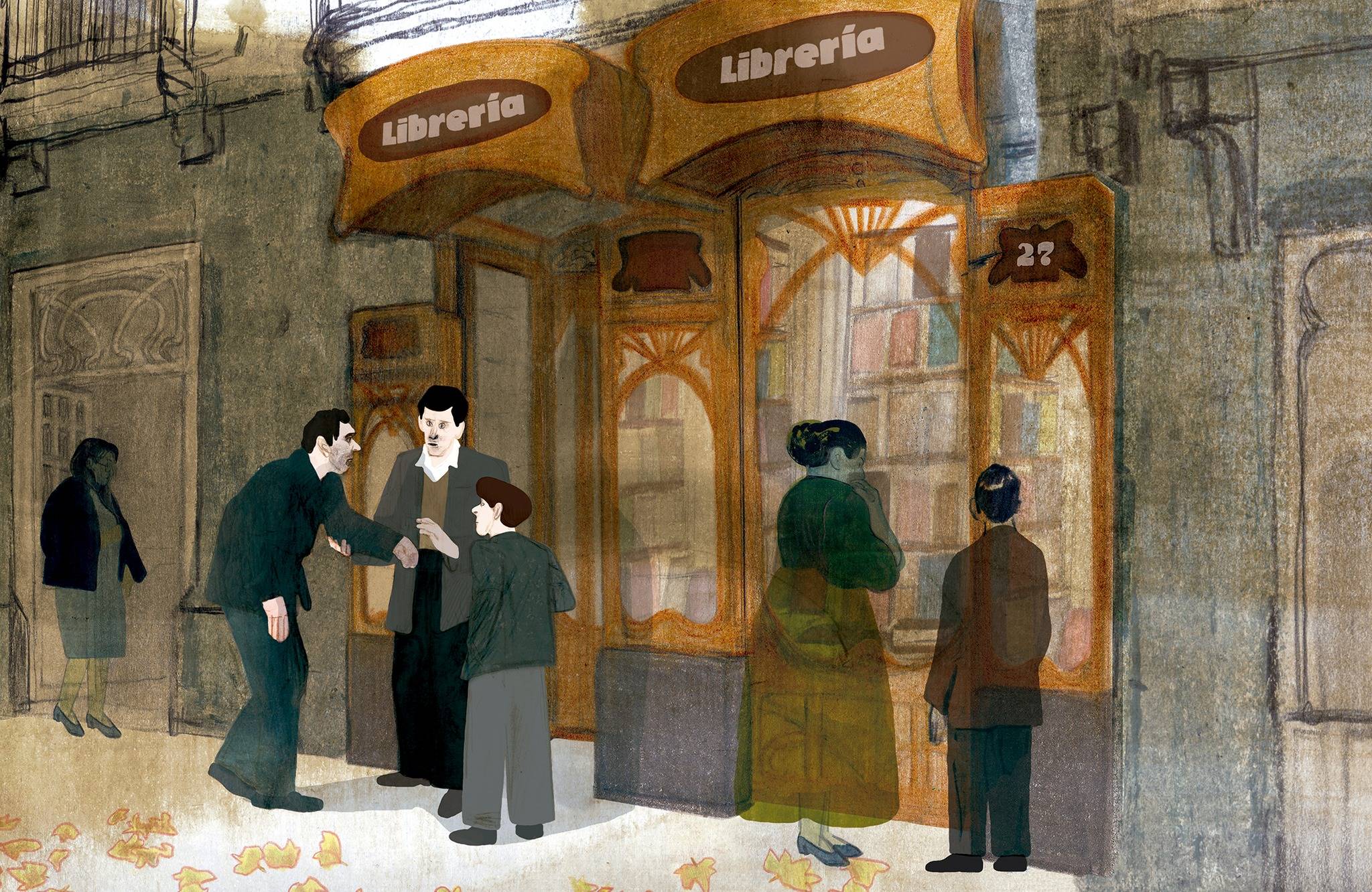 Una escena en la que varias personas están frente a una librería, conversando y observando libros.