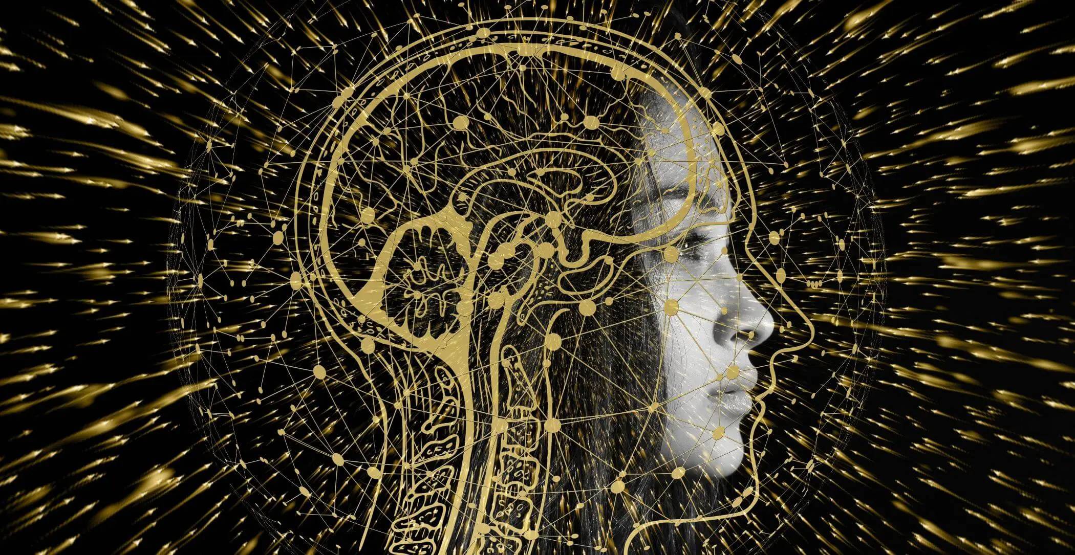 La imagen muestra un perfil humano sobre un fondo de patrones de redes neuronales brillantes.