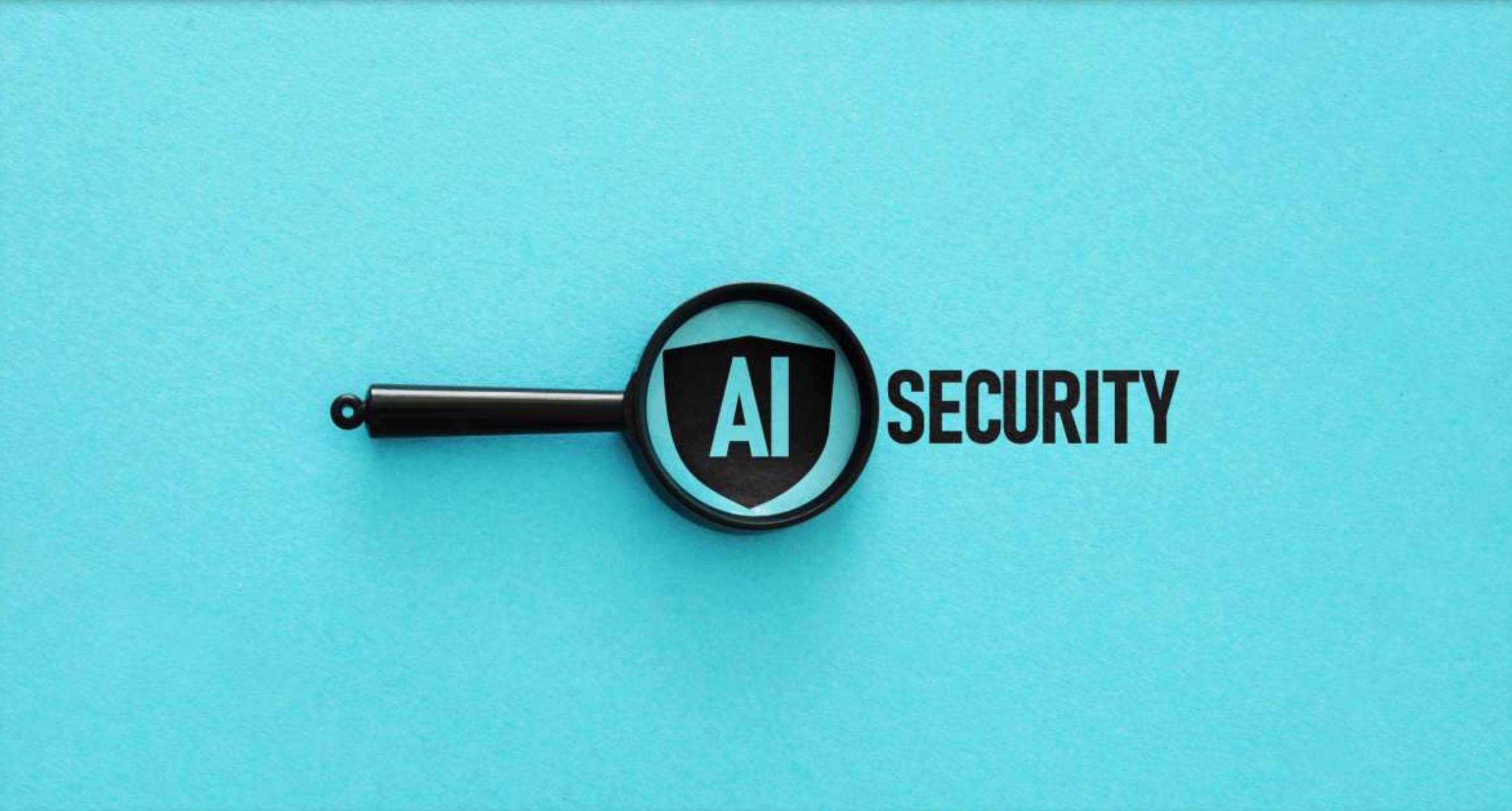 La imagen presenta un enfoque en la seguridad de la inteligencia artificial con una lupa que resalta el texto 'AI SECURITY'.