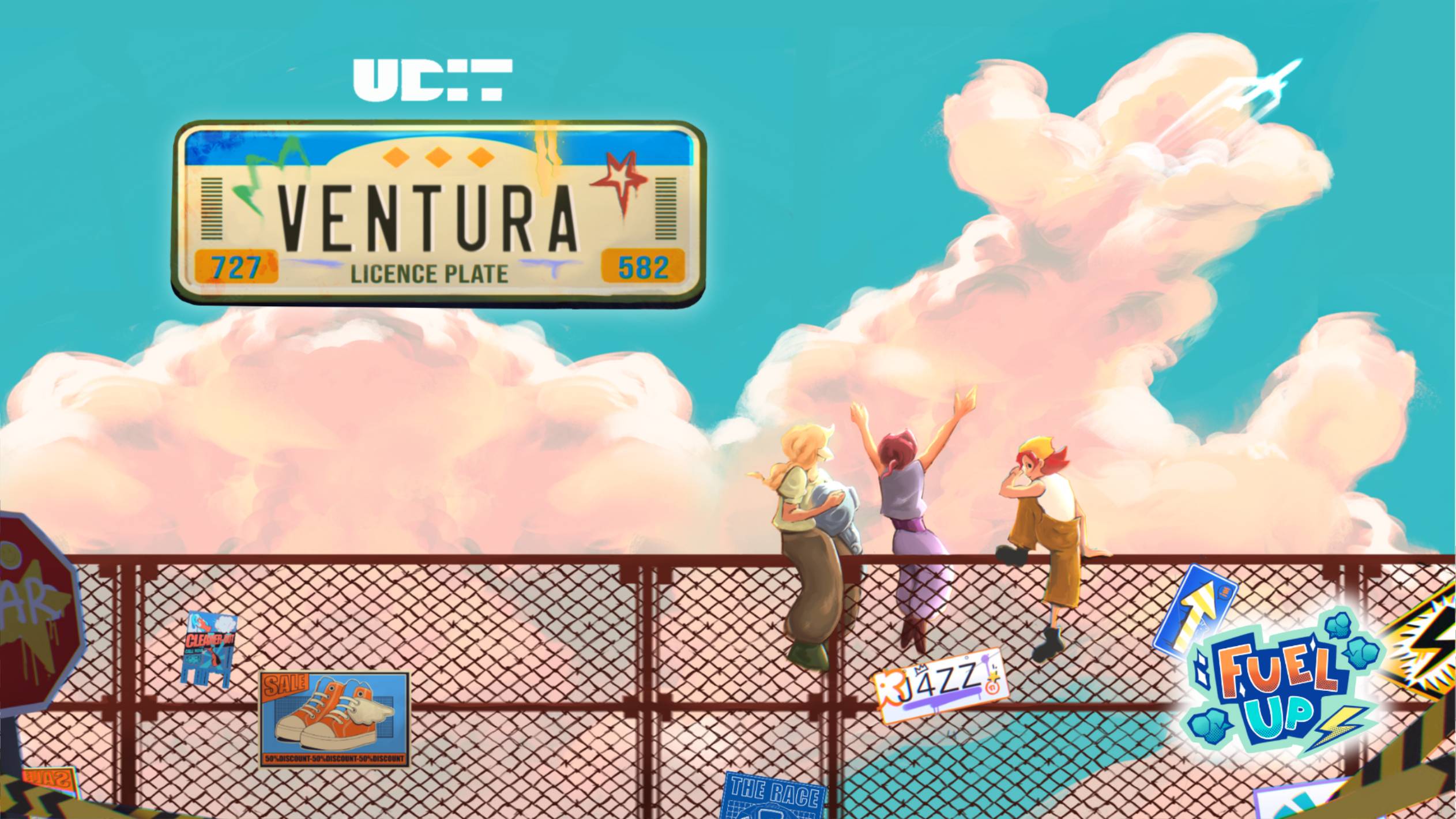 Tres personas están de pie sobre una reja, disfrutando de un paisaje con nubes y una placa de matrícula que dice 'VENTURA'.