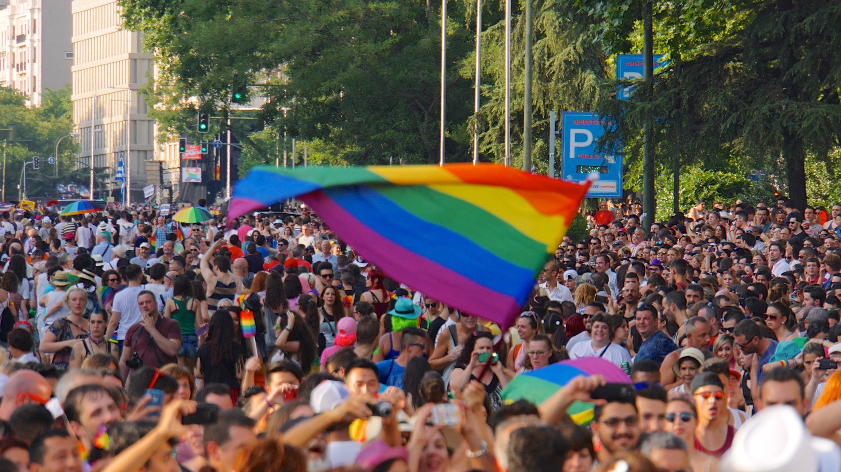 Una multitud celebra un evento con banderas arcoíris en un ambiente festivo.
