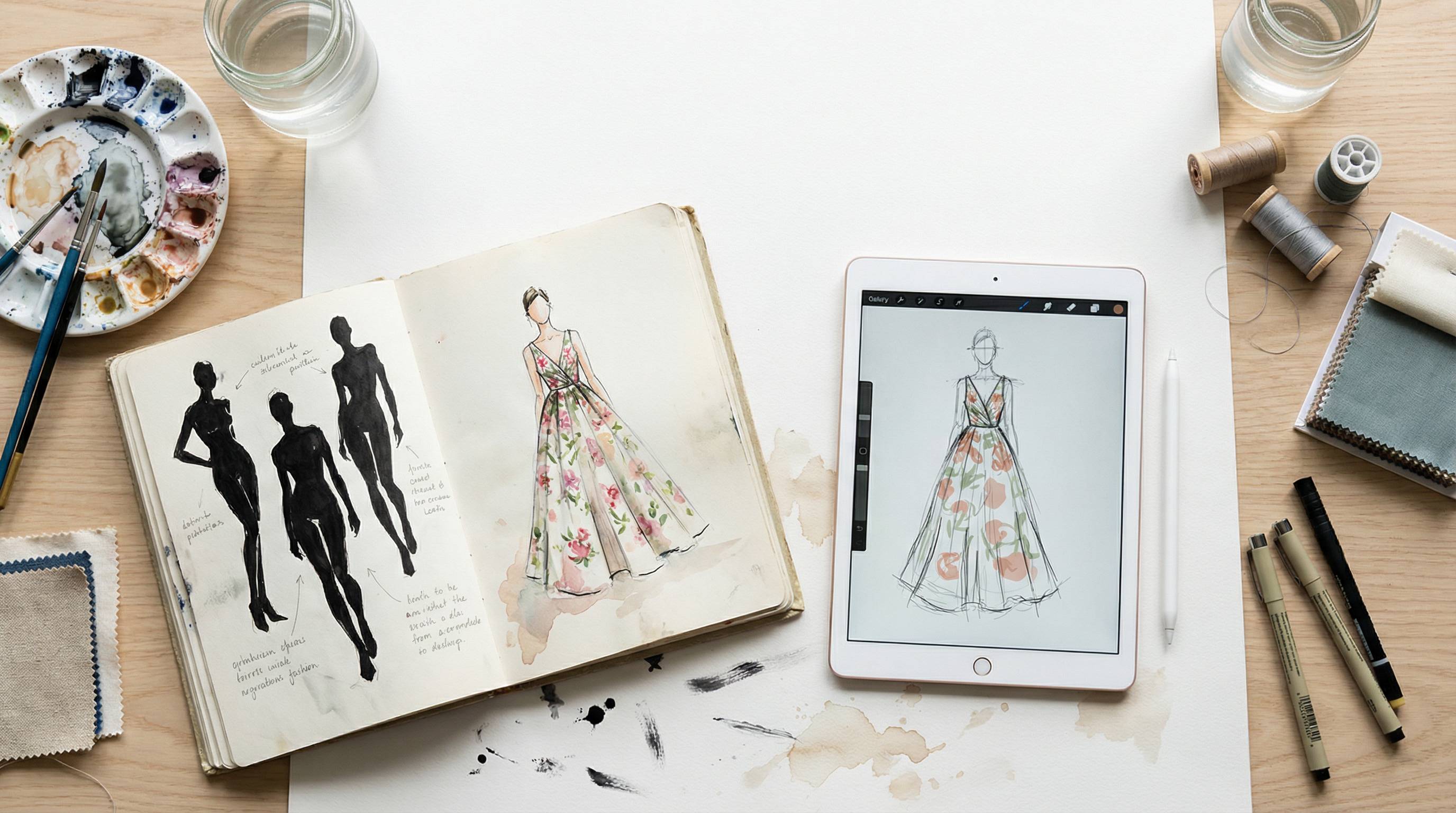 Un espacio de trabajo creativo con bocetos de vestidos de moda en papel y una tablet mostrando un diseño digital.