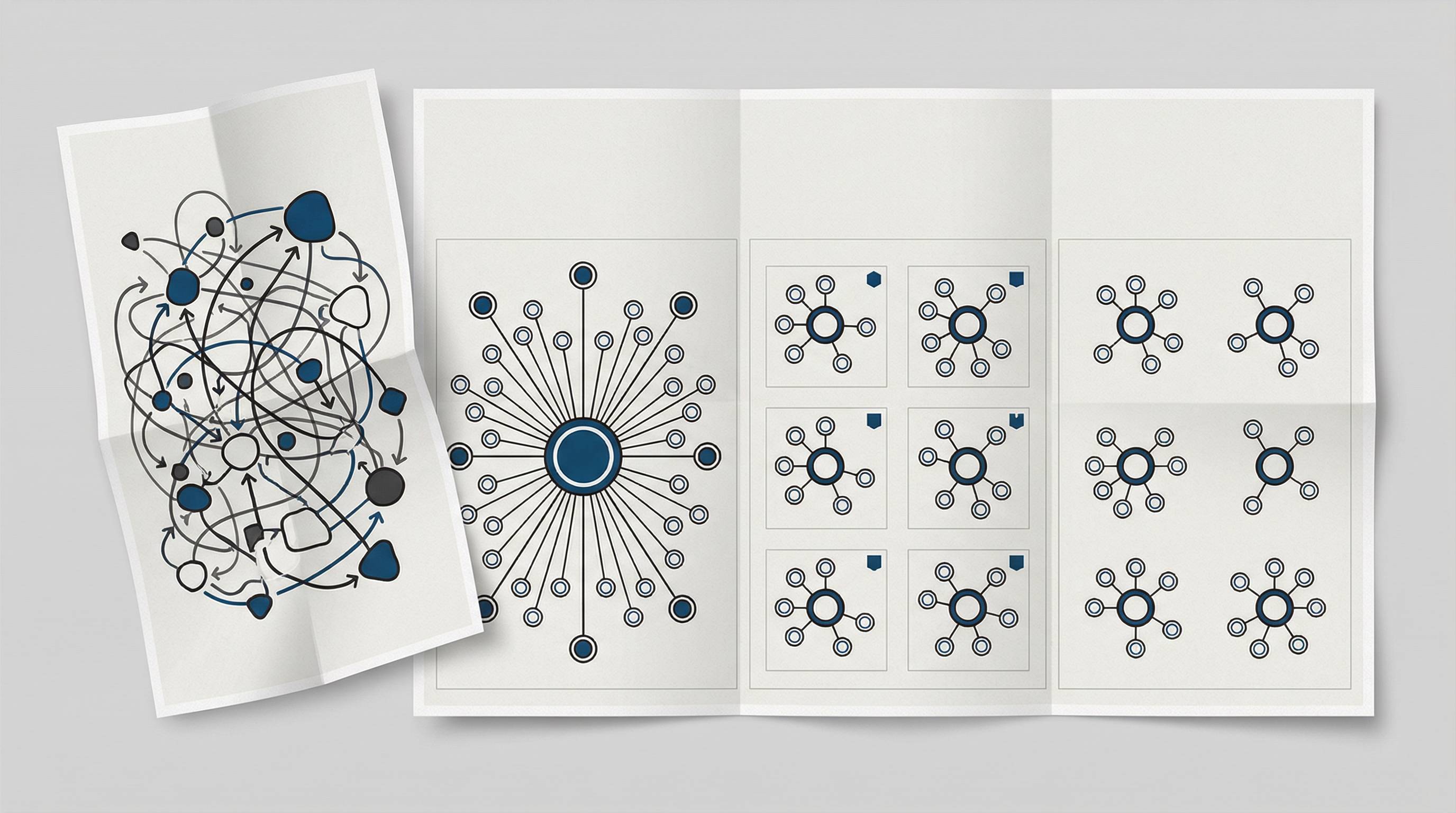 La imagen muestra una serie de gráficos abstractos en un folleto que ilustran conexiones y relaciones de forma visual.